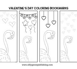 four black and white flamingo themed Valentine's Day bookmarks