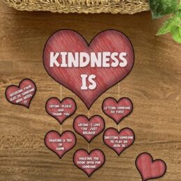 digital image of colored and assembled "Kindness Is..." mobile heart craft