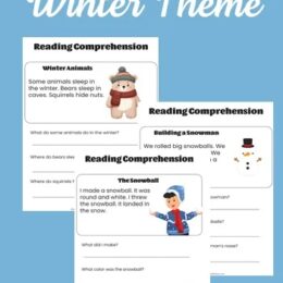 three digital page images of winter themed reading comprehension worksheets