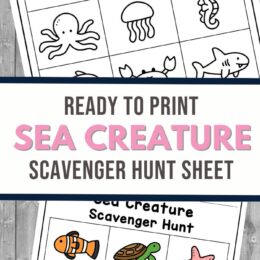 two digital page images of sea creatures to color and a scavenger hunt find