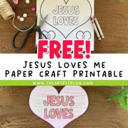 two images, top and bottom, black and white colorable page and bottom shows completed craft