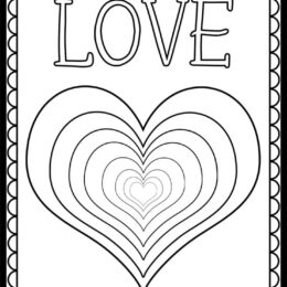 single coloring page with several hearts nestled inside each other and the word LOVE at the top