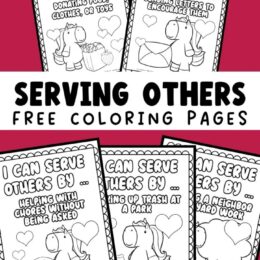digital images of serving others coloring pages spread out over red background