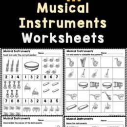 six digital page images of musical instrument worksheets