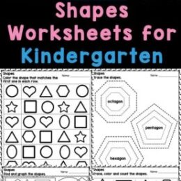 six digital pages of shapes color and matching themed worksheets