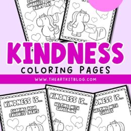 digital kindness coloring pages spread out over a pink background