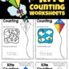 six digital pages of kite themed counting worksheets
