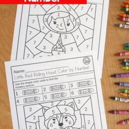 two printed pages from the Little Red Riding Hood themed color by number worksheets