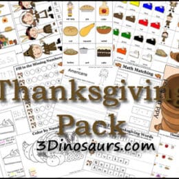free Thanksgiving printables pack from 3 Dinosaurs for tot through first grade
