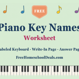 Free piano key names worksheet with a labeled keyboard, write-in page and answer page
