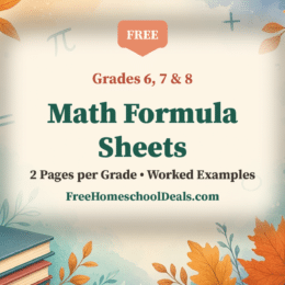 Free printable math formula sheets for grades 6, 7 and 8, two pages per grade with worked examples