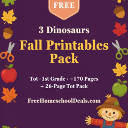 Free 3 Dinosaurs fall printables pack for tot to 1st grade