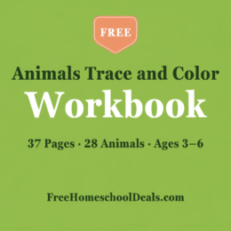 Free 37-page animals trace and color workbook for ages 3-6