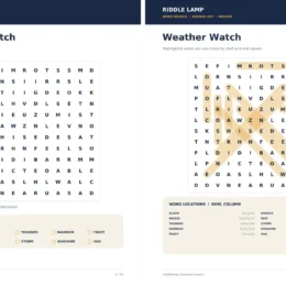 Preview of a 12x12 medium word search page and answer key from the free Riddle Lamp pack